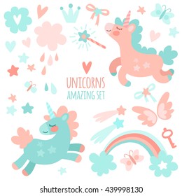 Funny cute set of wonderful magical elements with unicorns and butterflies. Fairy goods in flat style.