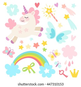 Funny cute set of wonderful magical elements with unicorns and butterflies. Fairy goods in flat style.