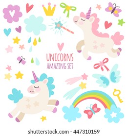 Funny cute set of wonderful magical elements with unicorns and butterflies. Fairy goods in flat style.