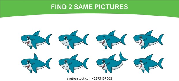 Funny cute shark. Find two same pictures. Educational game for children. Cartoon vector illustration
