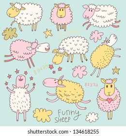 Funny cute sheep. Cartoon vector set in pastel colors.