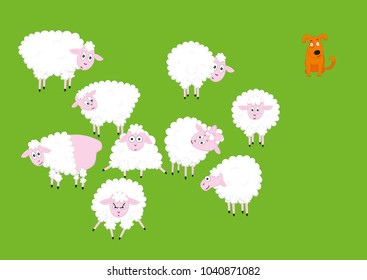 Funny cute sheep and dog cartoon characters set. Vector Illustrations isolated on green background