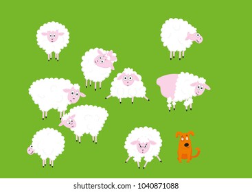 Funny cute sheep and dog cartoon characters set. Vector Illustrations isolated on green background