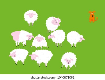 Funny cute sheep and dog cartoon characters set. Vector Illustrations isolated on green background