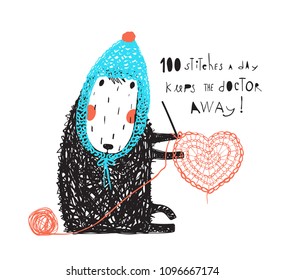 Funny cute sheep in hat crocheting. Adorable sheep sitting in warm hat and crocheting. Vector cartoon.