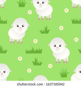 Funny cute sheep on green meadow seamless pattern. Cartoon white lamb, grass and flowers. Vector simple children's illustration.