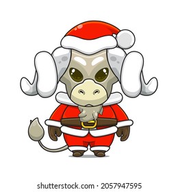 Funny and cute sheep or TUP mascot, wearing santa claus costume, cartoon animal with sparkling brown eyes, front view. kawaii styles, flats, for kids and adults, for stickers. merry christmas. 