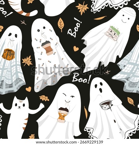 Funny cute sheet ghost holding hot drinks mugs seamless party. Halloween background vector illustration. Fall season aesthetic design