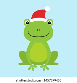 Funny and cute sitting frog wearing Santa s hat for Christmas and smiling - vector.