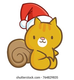 Funny and cute sitting squirrel wearing Santa's hat for Christmas and smiling - vector.