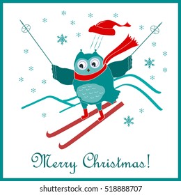 Funny and cute skiing owl. New Year and Christmas card. Vector illustration