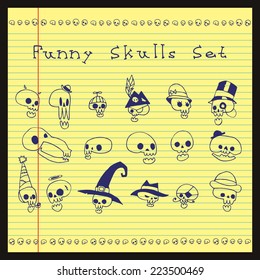Funny cute skulls set. Vector collection of halloween skulls for web page backgrounds, postcards, greeting cards, invitations, pattern fills, surface textures. Great for children bedroom.