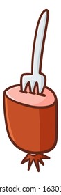 Funny and cute slice of sausage stabbed with fork