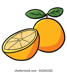 Funny and cute sliced orange with leafs - vector.