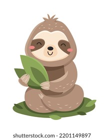 Funny cute sloth. Beautiful lazy wild animal sits on grass and holds green leaf. Design element for printing on fabric or paper. Cartoon flat vector illustration isolated on white background