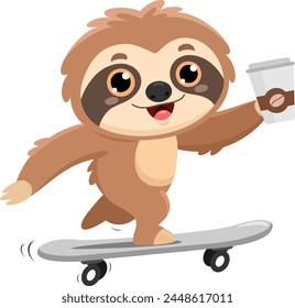 Funny Cute Sloth Cartoon Character Skateboarding With Coffee. Vector Illustration Flat Design Isolated On Transparent Background