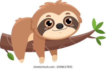 Funny Cute Sloth Cartoon Character Lies On Thick Branch Of Tree. Vector Illustration Flat Design Isolated On Transparent Background