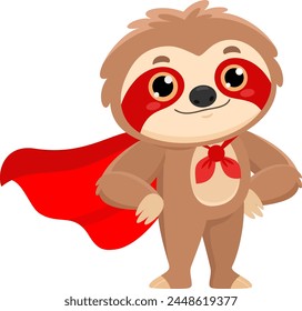 Funny Cute Sloth Cartoon Character SuperHero. Vector Illustration Flat Design Isolated On Transparent Background