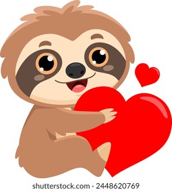 Funny Cute Sloth Cartoon Character Holding A Red Heart. Vector Illustration Flat Design Isolated On Transparent Background