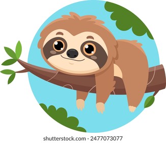 Funny Cute Sloth Cartoon Character Lies On Thick Branch Of Tree. Vector Illustration Flat Design Isolated With Background