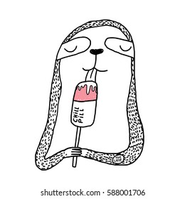 Funny cute sloth eating chill pill ice cream