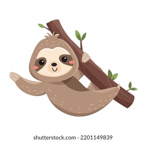 Funny cute sloth. Happy lazy animal hangs on tree branch and greets friends. Slow smiling mammal. Design element for printing on baby clothes. Cartoon flat vector illustration isolated on white