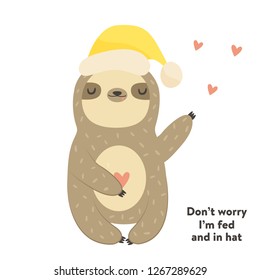 Funny cute sloth in hat. Postcard, poster, invitation design. Vector cartoon illustration