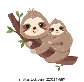 Funny cute sloth. Lazy animal with small cub lies on tree branch. Mother and baby mammals. Design element for printing on fabric or paper. Cartoon flat vector illustration isolated on white background