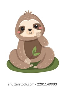 Funny cute sloth. Shy lazy wild animal sits on green grass and smiles. Savannah Dweller. Design element for printing on baby clothes. Cartoon flat vector illustration isolated on white background