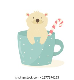 Funny cute sloth sitting in a coffee cup. Animal character vector illustration. Print design