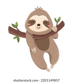 Funny cute sloth. Smiling lazy animal hangs on tree branch in savannah or jungle. Slow mammal. Design element for postcards or printing on fabric. Cartoon flat vector illustration isolated on white