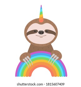 Funny cute sloth with unicorn horn catch the rainbow arc. Vector illustration for creative children design, cards, posters