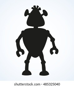 Funny cute small auto droid with forcep hands, stand on suction cups on legs isolated on white backdrop. Dark ink drawn picture symbol sketchy in art retro engraving style with space for text