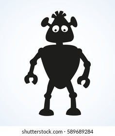 Funny cute small auto droid with forcep hands, stand on suction cups on legs isolated on white background. Dark ink hand drawn picture symbol sketch in art retro engraving style pen on paper