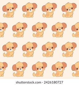 Funny Cute Small Doodle Dog Cartoon Character Seamless Pattern. Seamless Dog Puppy Pet Wrapping Textile Fabric Print Swatch Background Template. Seamless Baby Cute Dog Textile Swatch Pattern