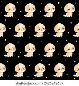 Funny Cute Small Doodle Dog Cartoon Character Seamless Pattern. Seamless Dog Puppy Pet Wrapping Textile Fabric Print Swatch Background Template. Seamless Baby Cute Dog Textile Swatch Pattern
