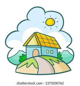 Funny and cute small house on the hill with bright sunny background