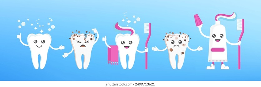 Divertida sonrisa linda y personajes de dientes tristes. Salud dental, concepto de odontología. Higiene oral. Ilustración vectorial plana de dibujos animados para la clínica de los niños.