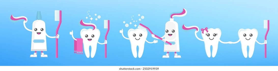 Funny cute smile and sad teeth characters. Dental health, dentistry concept. Oral hygiene. Flat cartoon vector illustration for childrens clinic.