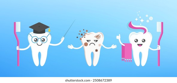 Funny cute smile and sad teeth characters. Dental health, dentistry concept. Oral hygiene. Flat cartoon vector illustration for childrens clinic.