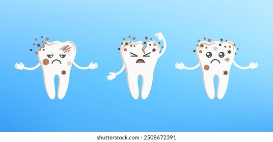 Engraçado sorriso bonito e dentes tristes personagens. Saúde dentária, conceito de odontologia. Higiene oral. Ilustração de vetor de desenho animado plano para clínica infantil.