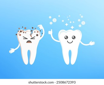 Funny cute smile and sad teeth characters. Dental health, dentistry concept. Oral hygiene. Flat cartoon vector illustration for childrens clinic.