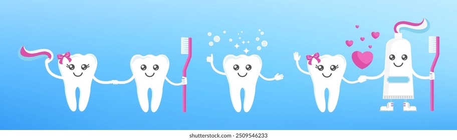 Engraçado sorriso bonito e dentes tristes personagens. Saúde dentária, conceito de odontologia. Higiene oral. Ilustração de vetor de desenho animado plano para clínica infantil.