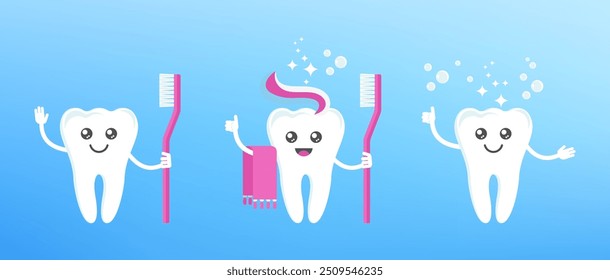 Engraçado sorriso bonito e dentes tristes personagens. Saúde dentária, conceito de odontologia. Higiene oral. Ilustração de vetor de desenho animado plano para clínica infantil.