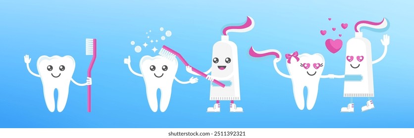 Engraçado sorriso bonito e dentes tristes personagens. Saúde dentária, conceito de odontologia. Higiene oral. Ilustração de vetor de desenho animado plano para clínica infantil.