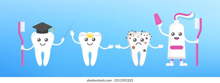 Engraçado sorriso bonito e dentes tristes personagens. Saúde dentária, conceito de odontologia. Higiene oral. Ilustração de vetor de desenho animado plano para clínica infantil.