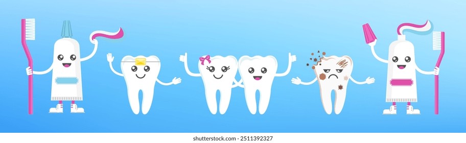 Engraçado sorriso bonito e dentes tristes personagens. Saúde dentária, conceito de odontologia. Higiene oral. Ilustração de vetor de desenho animado plano para clínica infantil.