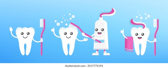 Engraçado sorriso bonito e dentes tristes personagens. Saúde dentária, conceito de odontologia. Higiene oral. Ilustração de vetor de desenho animado plano para clínica infantil.