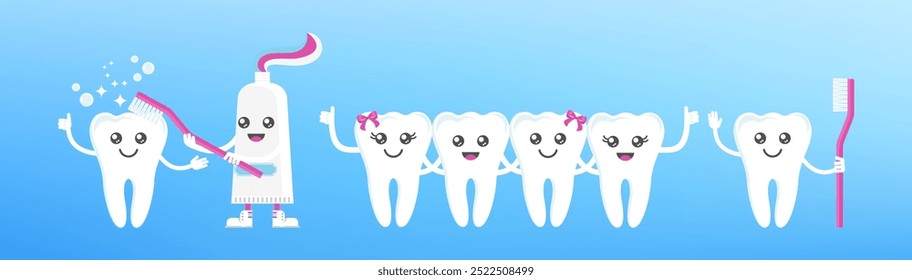 Engraçado sorriso bonito e dentes tristes personagens. Saúde dentária, conceito de odontologia. Higiene oral. Ilustração de vetor de desenho animado plano para clínica infantil.