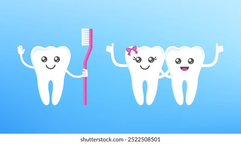 Divertida sonrisa linda y personajes de dientes tristes. Salud dental, concepto de odontología. Higiene oral. Ilustración vectorial plana de dibujos animados para la clínica de los niños.